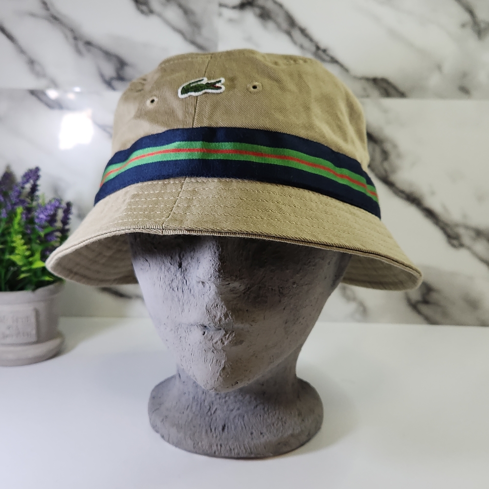 Lacoste Bucket Hat Khaki with Green Stripe